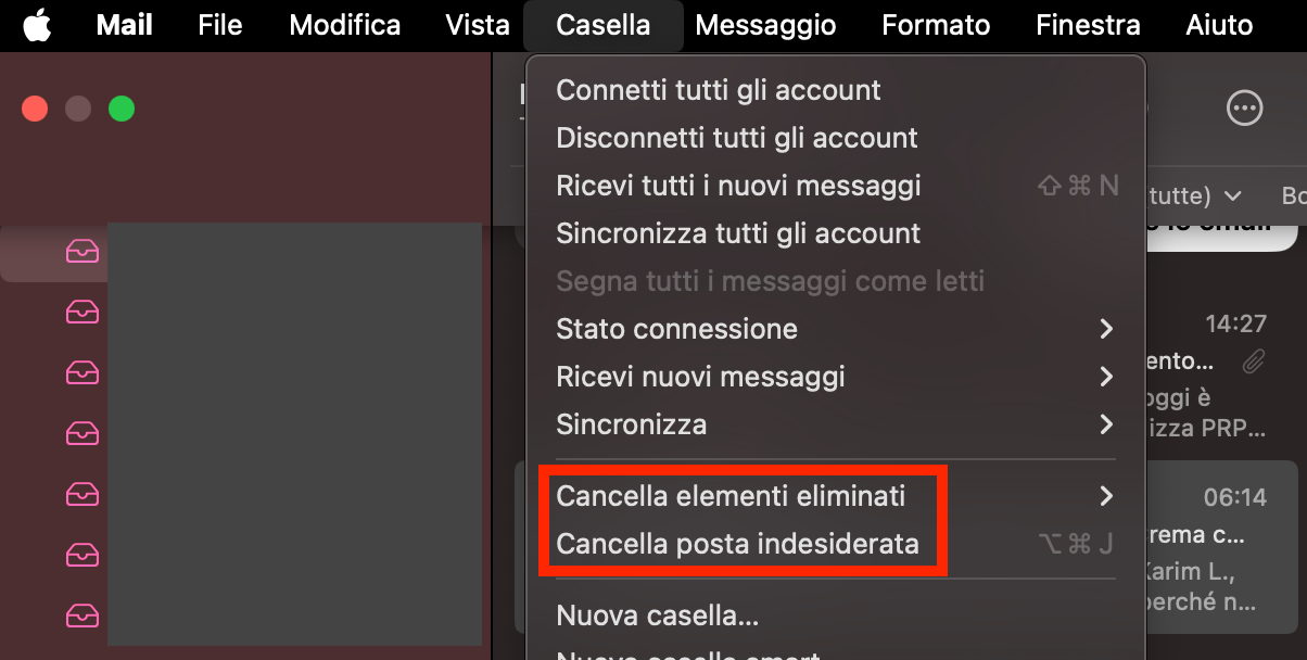 In Mail, apri il menu Casella postale, scegli Cancella posta indesiderata, torna a Casella postale e fai clic su Cancella elementi eliminati per liberare spazio.