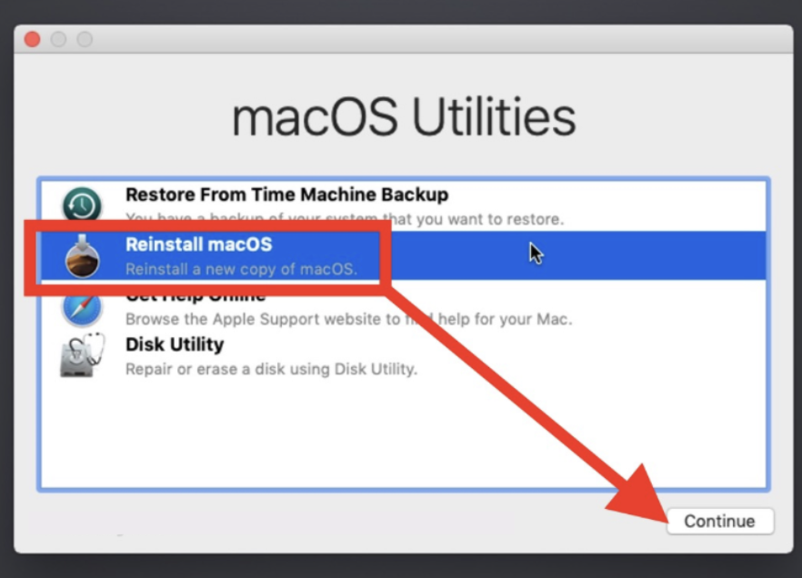 Now you’ve entered recovery mode and wiped your Macintosh Disk, it’s time to reinstall macOS Mojave. To do this, in the macOS Utilities window, select Reinstall macOS and press Continue.