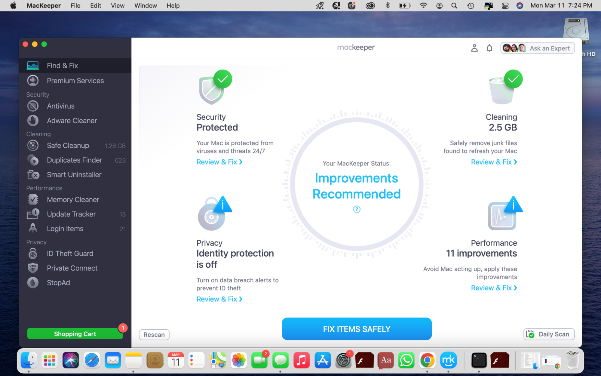 A simpler way to restore hidden desktop icons on a Mac is using MacKeeper's Find & Fix tool. When the scan is finished, click on Fix Items Safely on the main screen and enjoy an optimized Mac.