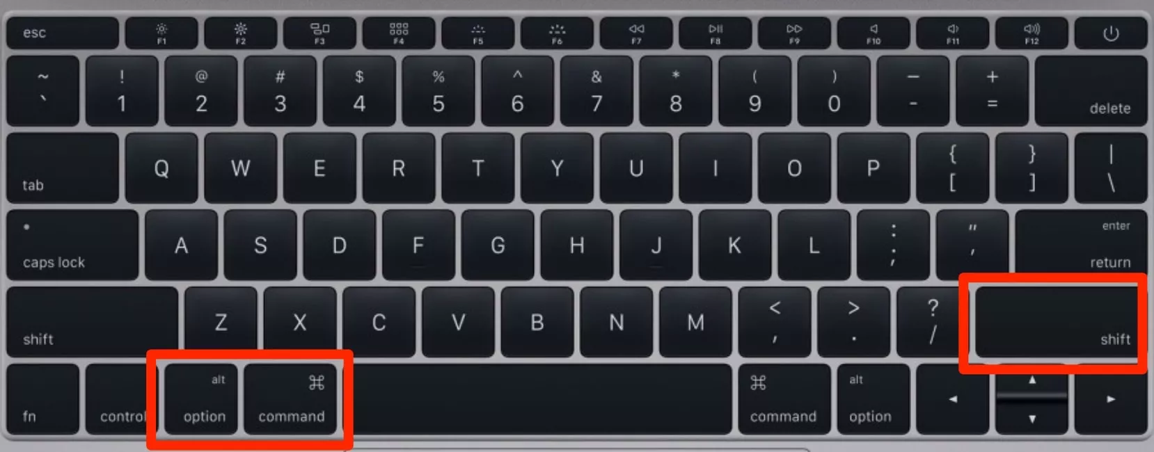 Ett Mac-tangentbord med tangenterna Option, Command och Shift markerade. Håll ner dessa när du öppnar Photoshop för att återställa Photoshops inställningar.