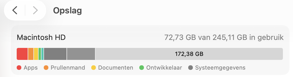 Om ‘Overige’ opslag te controleren, klik je op het Apple-logo > Over deze Mac en ga je naar Opslag. Hier zie je een staafdiagram dat alle bestanden en gegevens op je Mac weergeeft. De sectie Systeemgegevens is het label voor ‘Overige’ opslag in macOS Monterey en eerdere versies.