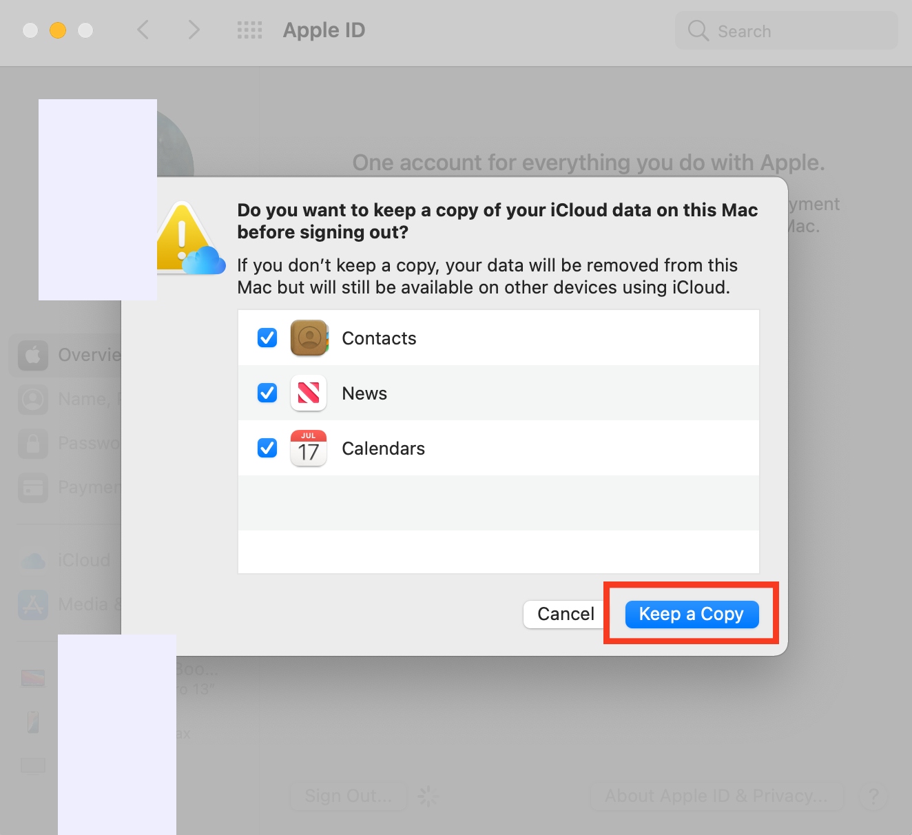 Select the items you want to keep copies of and click the Keep a Copy button to sign out of your iCloud and Apple ID accounts.