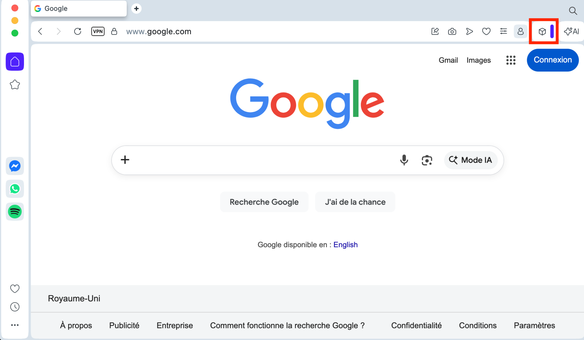 Opera pour Mac, avec le bouton Extensions (un cube) mis en surbrillance. Comment supprimer des extensions: guide pour bloquer les fausses alertes McAfee sur Mac.