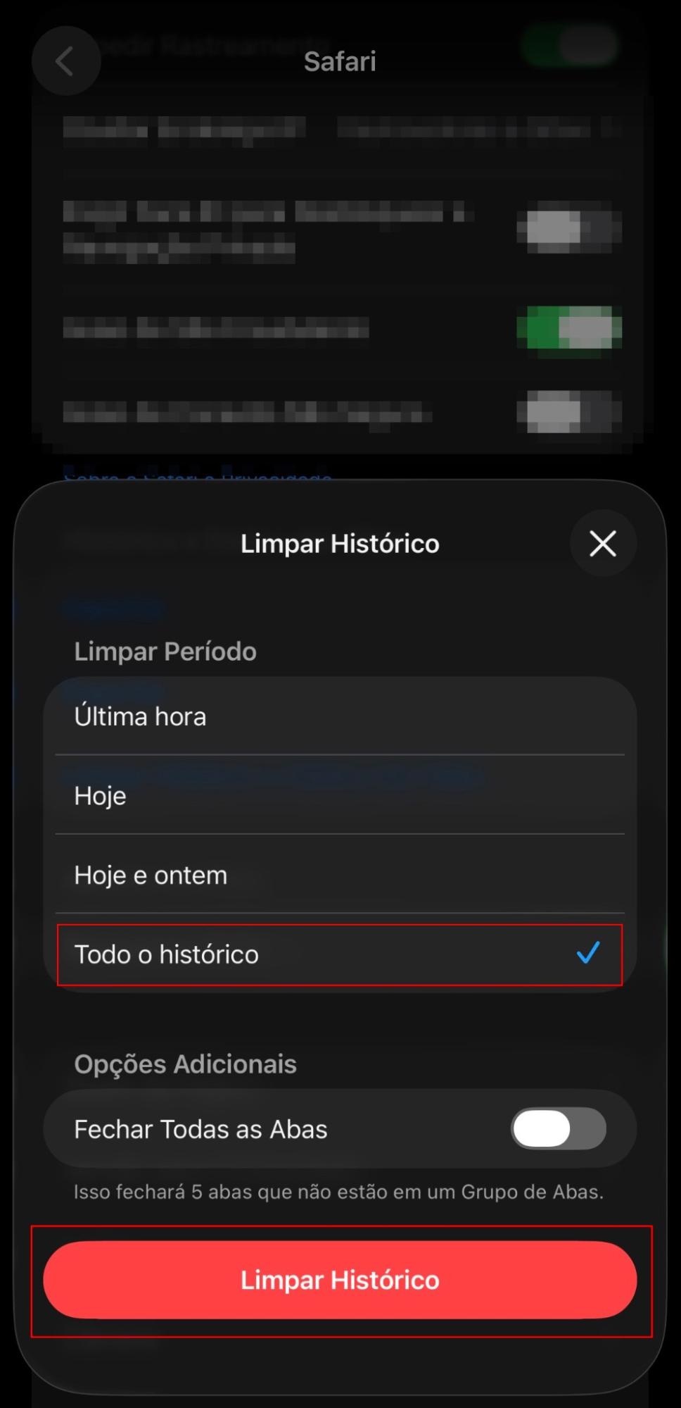 O menu Safari dentro de Ajustes no iPhone. Toque em Todo o histórico, depois selecione Limpar Histórico para remover todo o histórico e dados de sites.