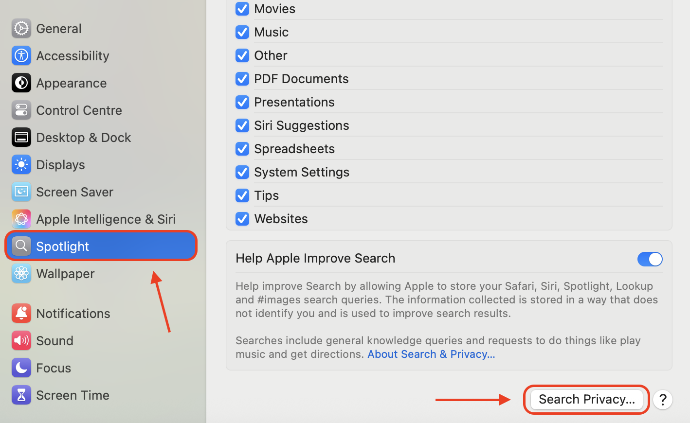 Open System Settings, go to Spotlight, then select Search Privacy to manage excluded folders and control what Spotlight can index.