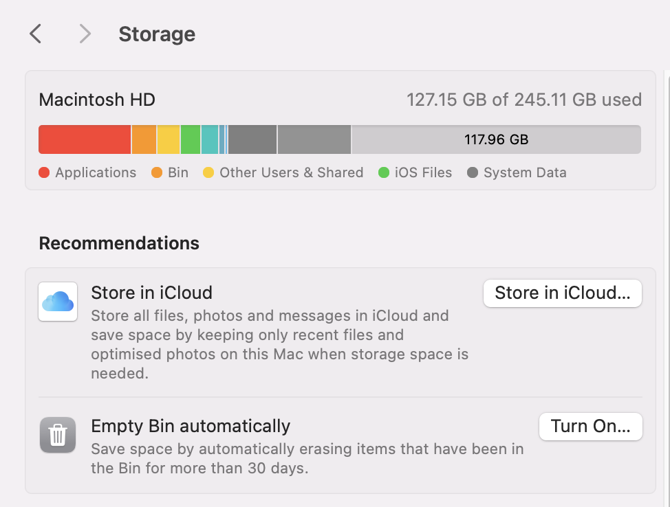 In the Storage tab, look for recommendation. Follow the custom advice to help you free up more disk space on your Mac to improve Photoshop stability. 
