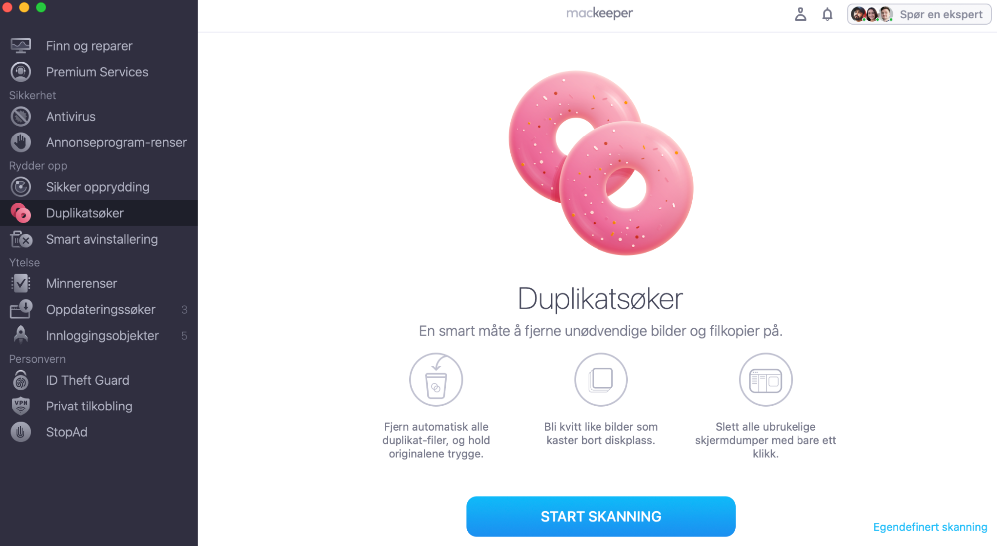 For å finne og fjerne dupliserte bilder fra Macen din, bruk MacKeepers Duplikatsøker. Appen finner og sletter alle duplikater på en trygg måte. Åpne MacKeeper og gå til Duplikatsøker, klikk på Start skanning.