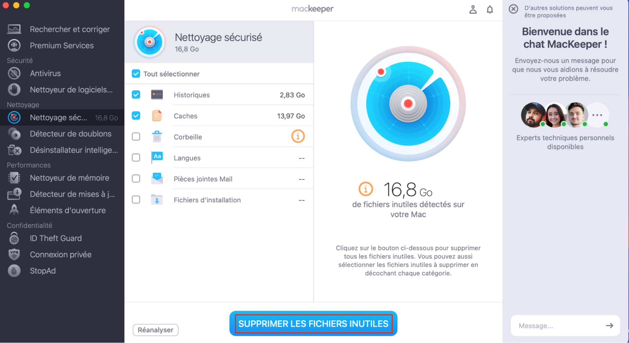Vous estimerez sans doute que 256 Go sont suffisants pour votre MacBook si vous supprimez des fichiers inutiles. Pour supprimer des fichiers à l’aide du Nettoyage sécurisé de MacKeeper, sélectionnez les éléments dont vous voulez vous débarrasser et cliquez sur Supprimer les fichiers inutiles.