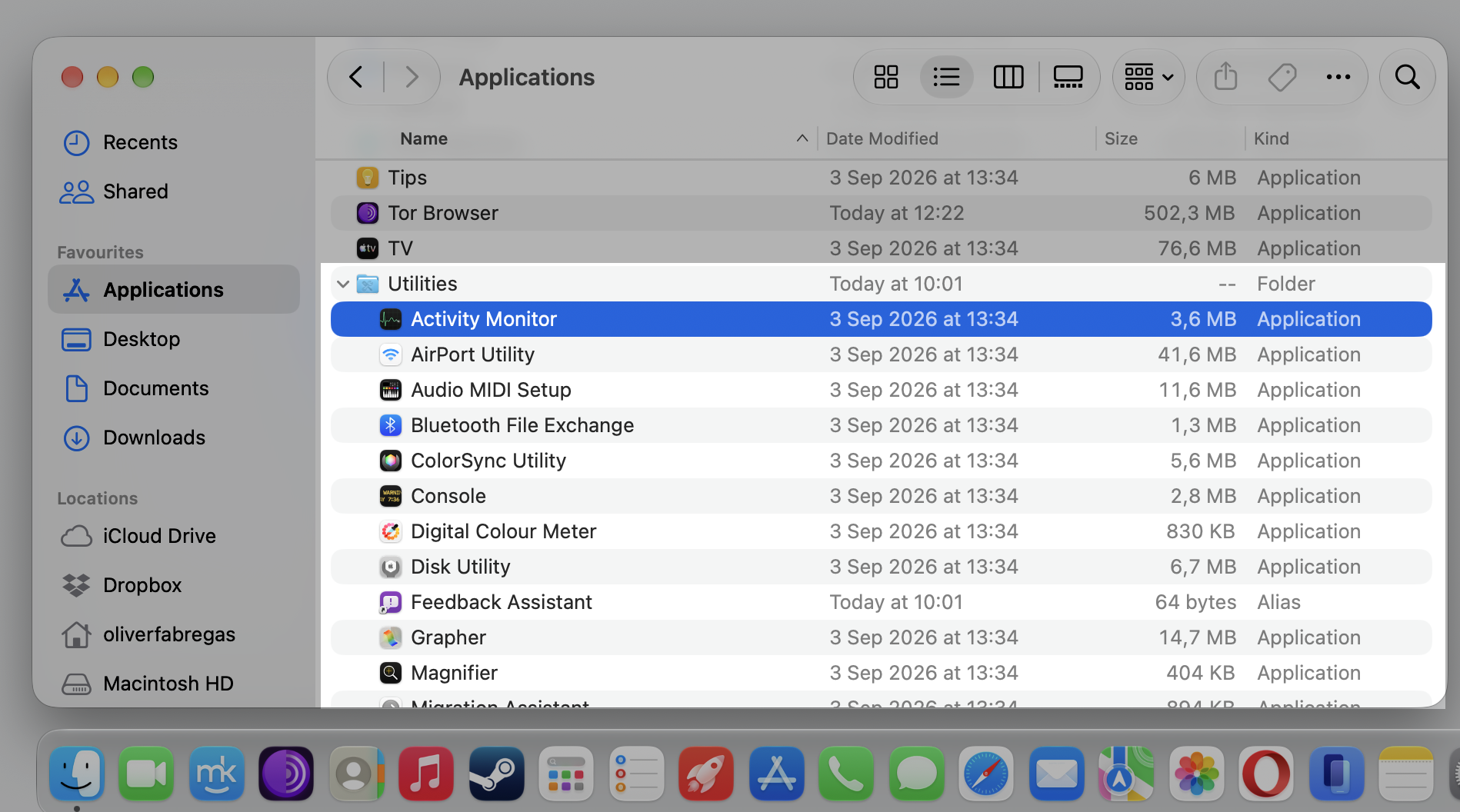 The Utilities folder in Finder on macOS where you select Activity Monitor to check memory usage for apps not opening on Mac.