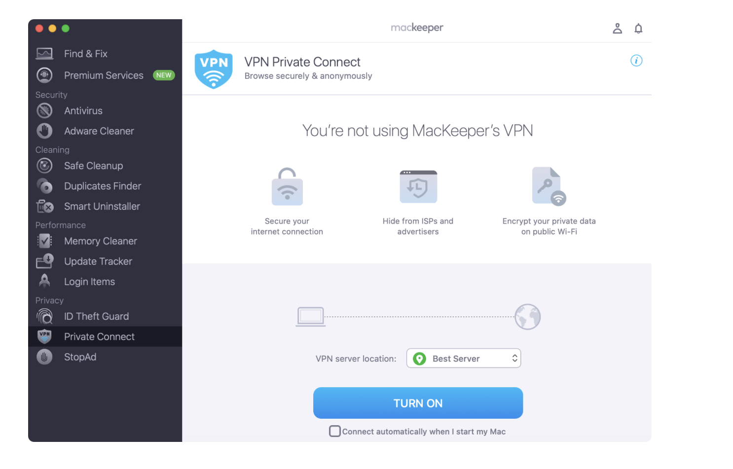 After selecting Privacy > Privacy Connect > Open, choose your server location and select Turn On. You might need to enter your admin login details for your first time.