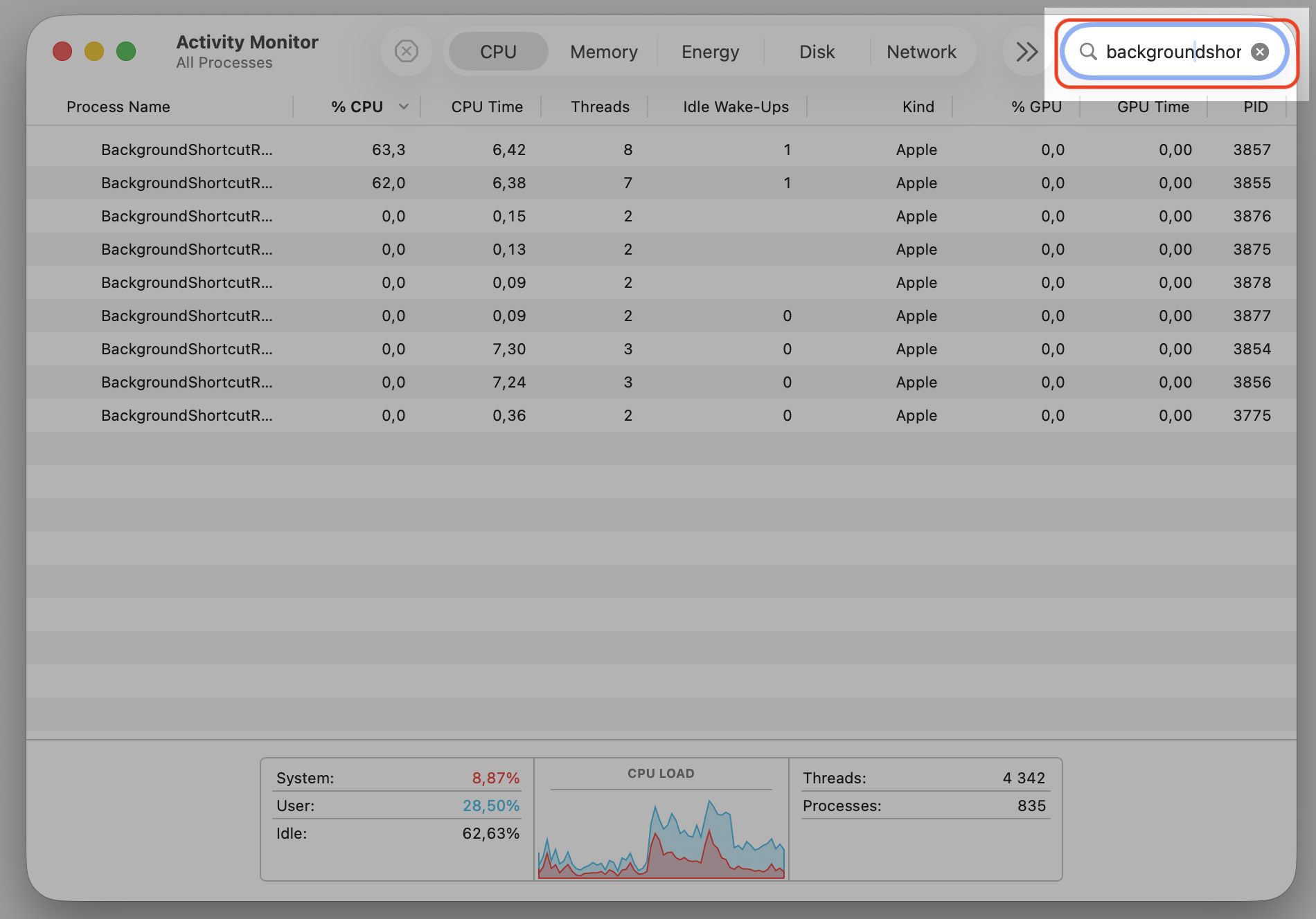 Typing backgroundshortcutrunner in the Activity Monitor search field on a MacBook to locate the high CPU background process on macOS.