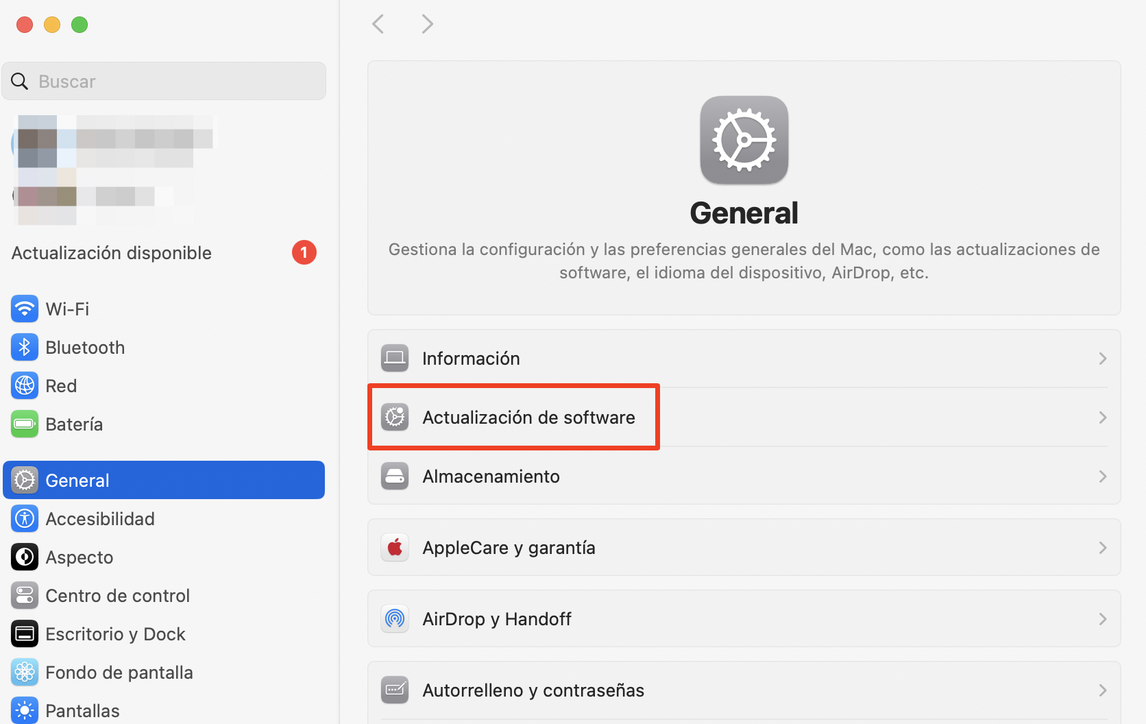 Selecciona General en el menú de la izquierda y haz clic en Actualización de software.