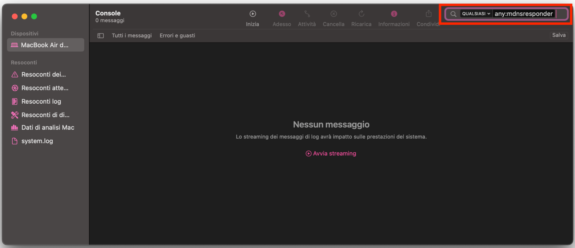 Per visualizzare la cache DNS sul tuo Mac, inizia aprendo l’app Console. Digita any:mdnsresponder nella barra di ricerca e premi il tasto Invio.