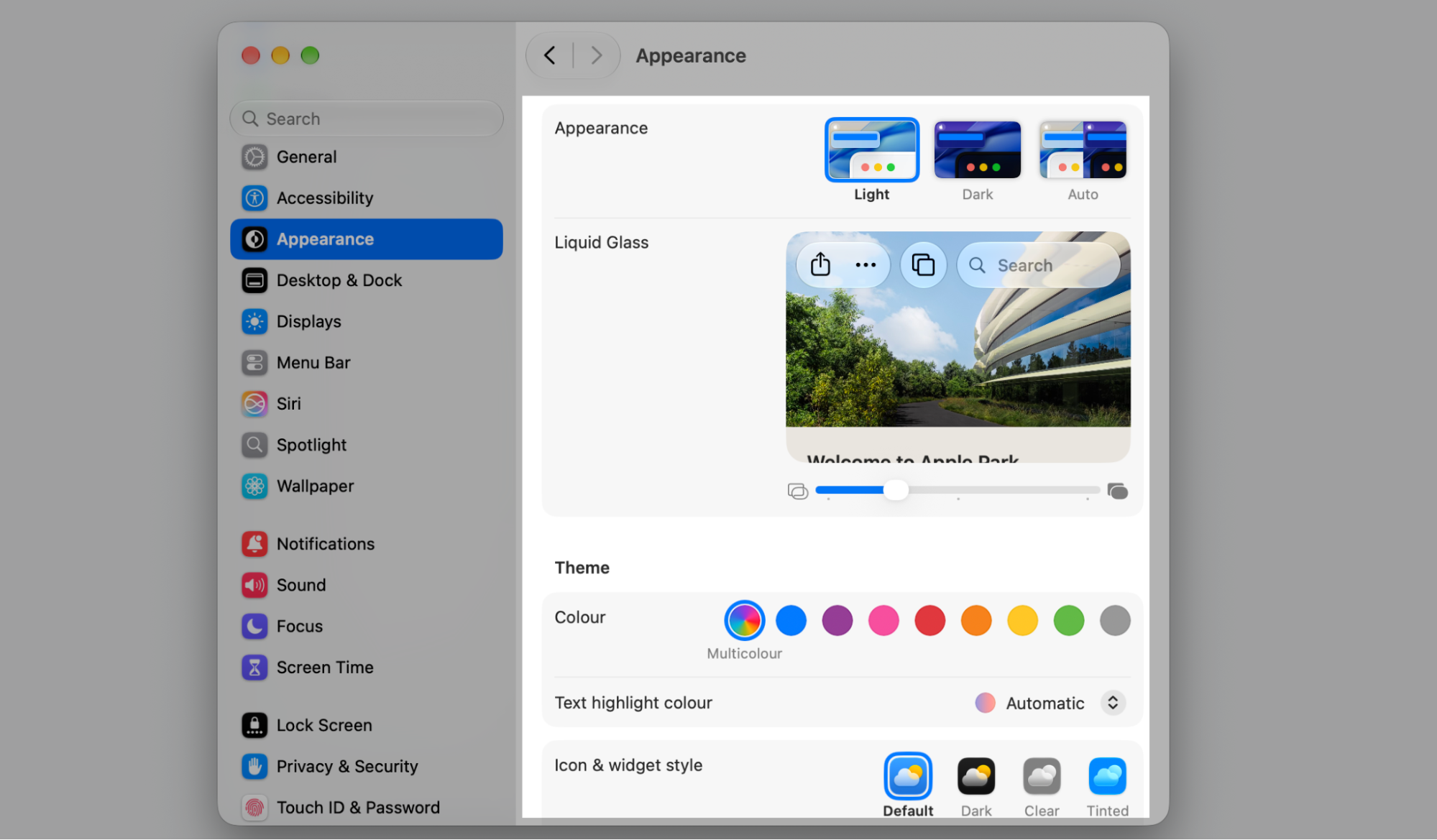 The Appearance pane in macOS System Settings showing Light, Dark, and Auto style choices with theme colour options for your Apple computer.