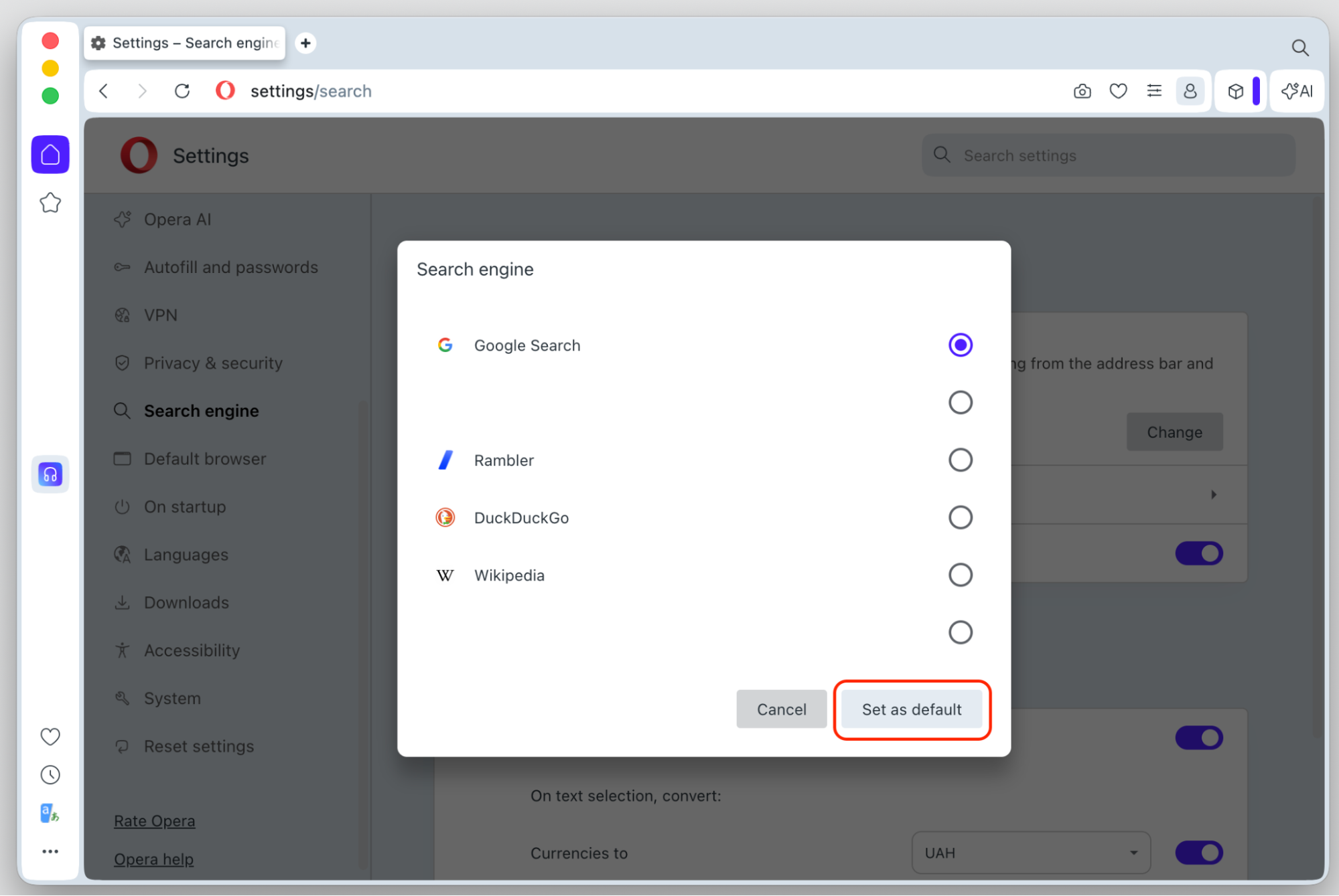 Opera search engine dialog on an Apple computer where a trusted engine is selected and Set as default after removing the Chromium hijacker.