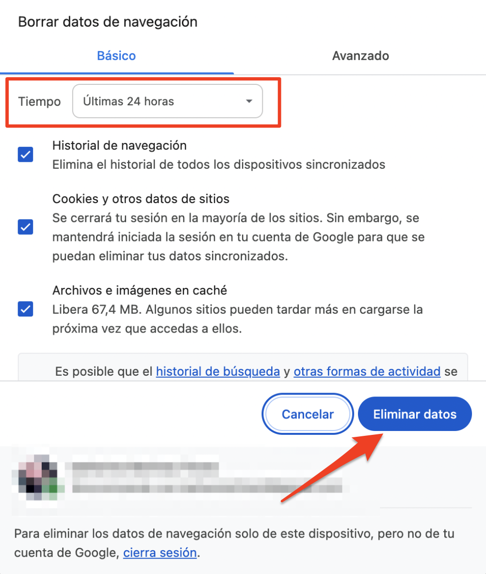 En una ventana emergente, comprueba si está seleccionado Todo el tiempo en un intervalo de tiempo y haz clic en el botón Eliminar datos.