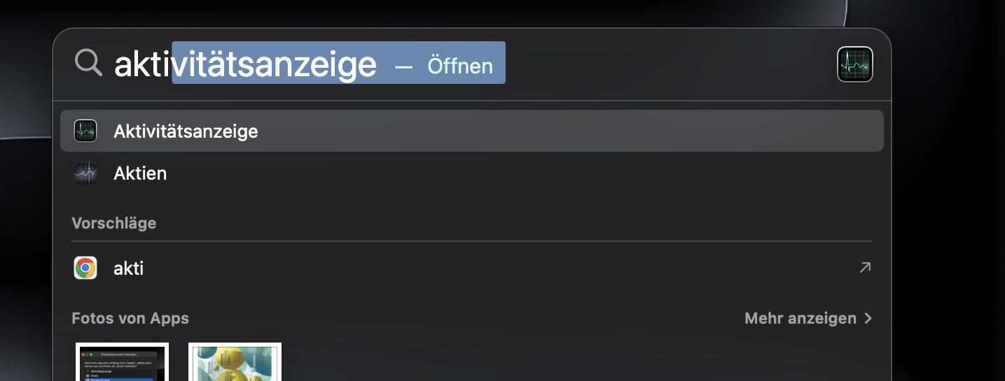 Suchen Sie mit Spotlight nach Aktivitätsanzeige und wählen Sie eine App aus.