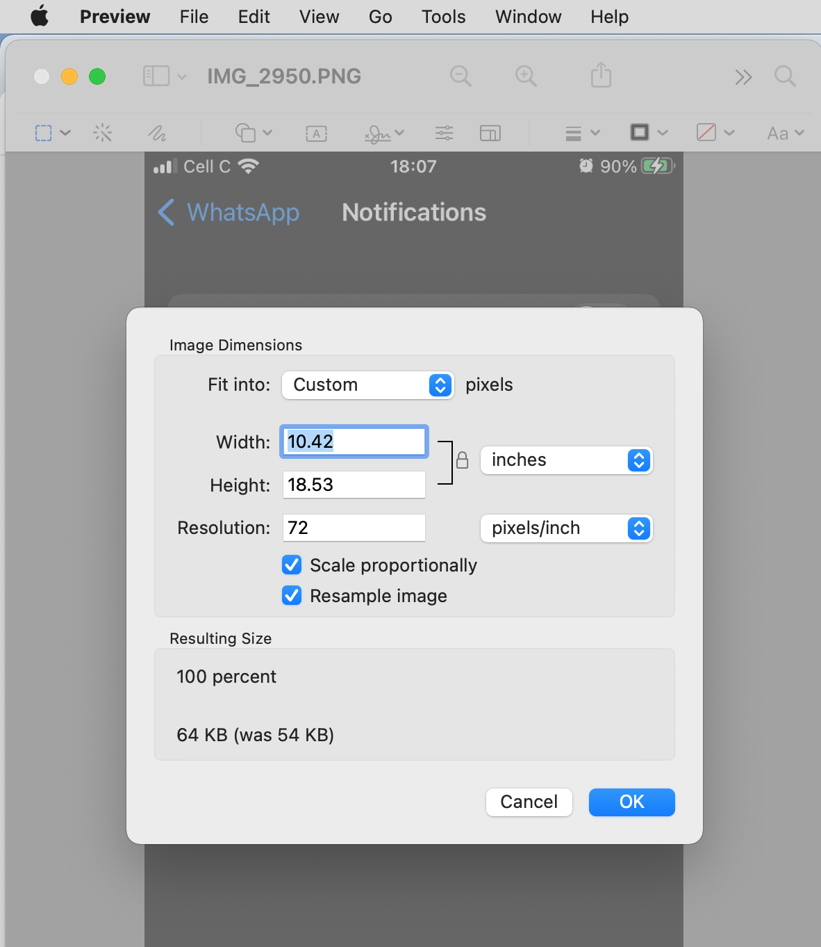 Preview’s image dimensions appear on a Mac screen. Use Preview to reduce JPEGs on Mac for space-saving purposes. Adjust all dimensions accordingly.