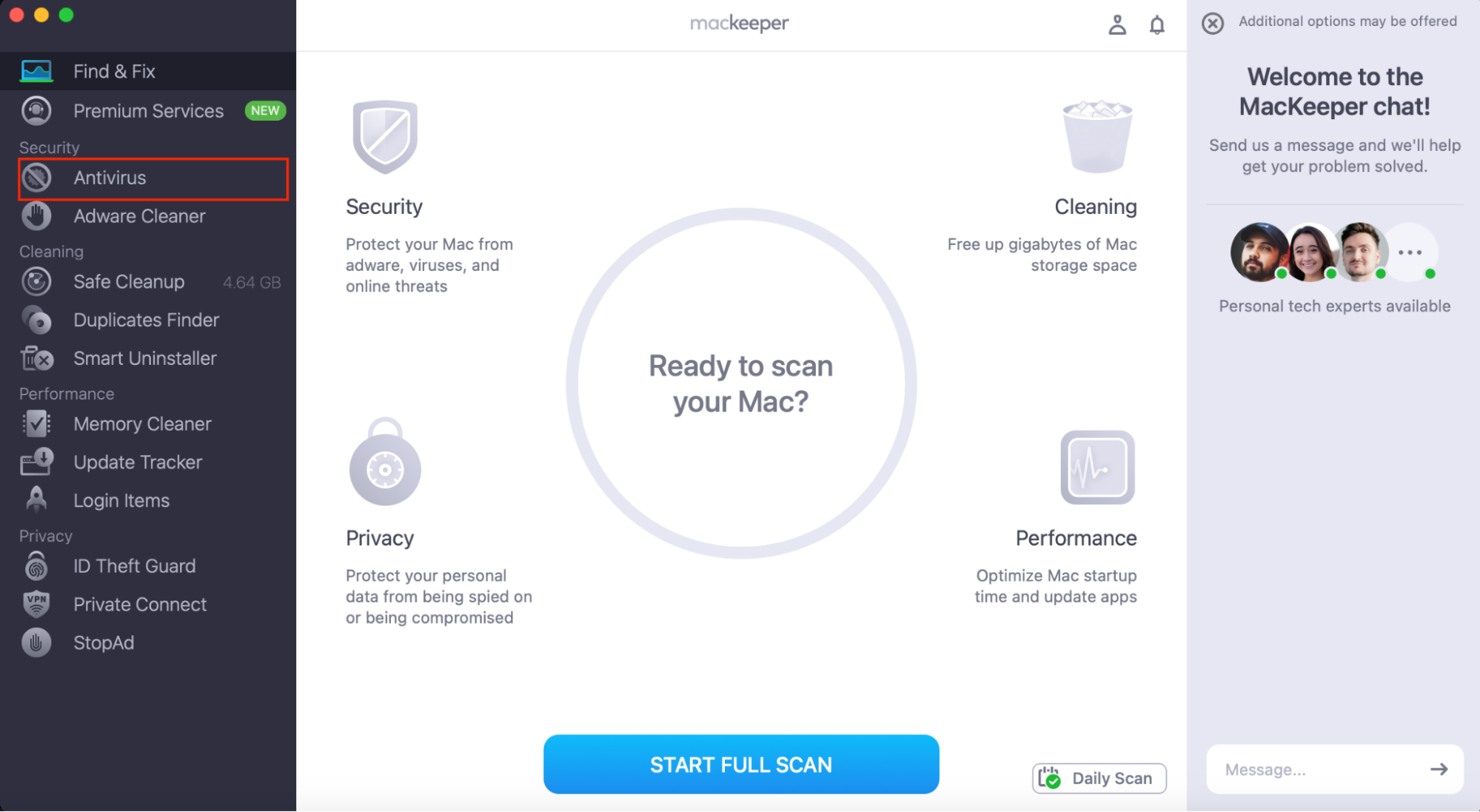 MacKeeper’s Find & Fix home screen, with Antivirus highlighted in the sidebar.