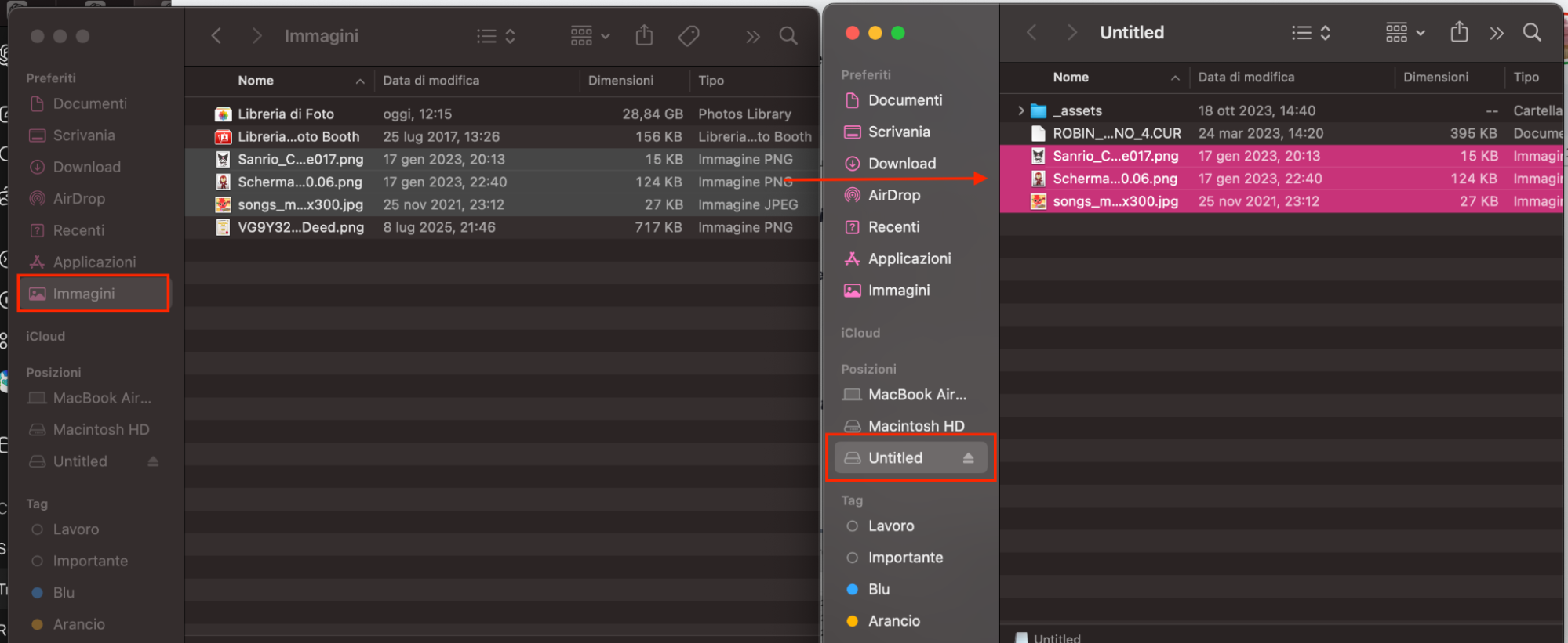 L’app Foto del Mac mostra come spostare le immagini dall’archiviazione del Mac a un disco rigido esterno.