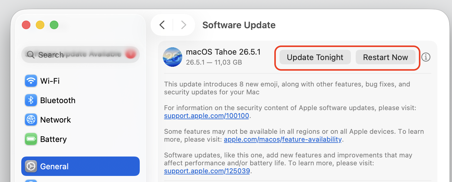 Software Update pane showing macOS Tahoe 26.5.1 on a MacBook, with the Update Tonight and Restart Now buttons available.