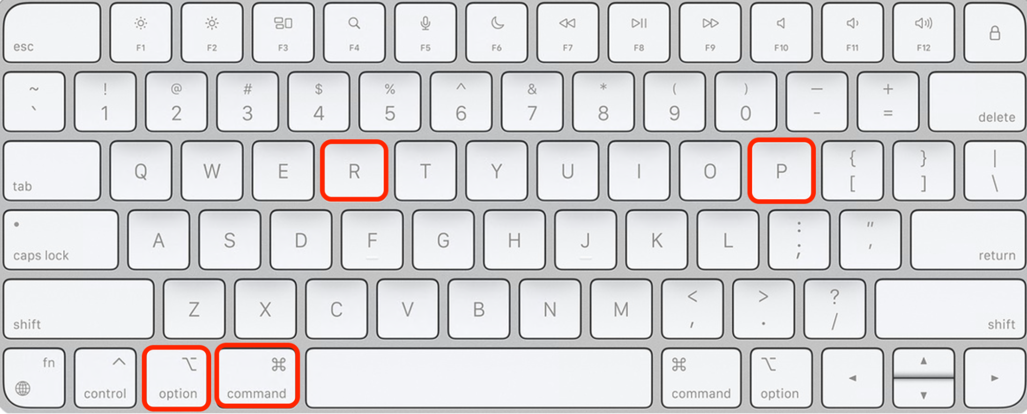 Om de NVRAM op een Intel-Mac te resetten, schakel je je Mac eerst uit en vervolgens weer in. Houd daarna meteen de toetsen Option, Command, P en R ingedrukt. Laat de toetsen na 20 seconden los.