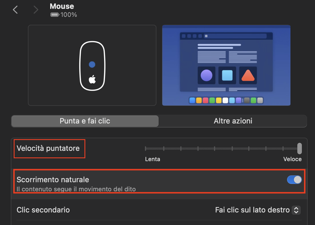 Controlla e reimposta le preferenze del mouse per risolvere i problemi del tuo mouse wireless. Puoi farlo da Preferenze di Sistema > Mouse, utilizzando il cursore Velocità di scorrimento. Prova ad attivare lo scorrimento naturale, che si trova anche nel pannello delle preferenze del mouse. Questo invertirà la direzione di scorrimento nei documenti e nelle finestre del browser.