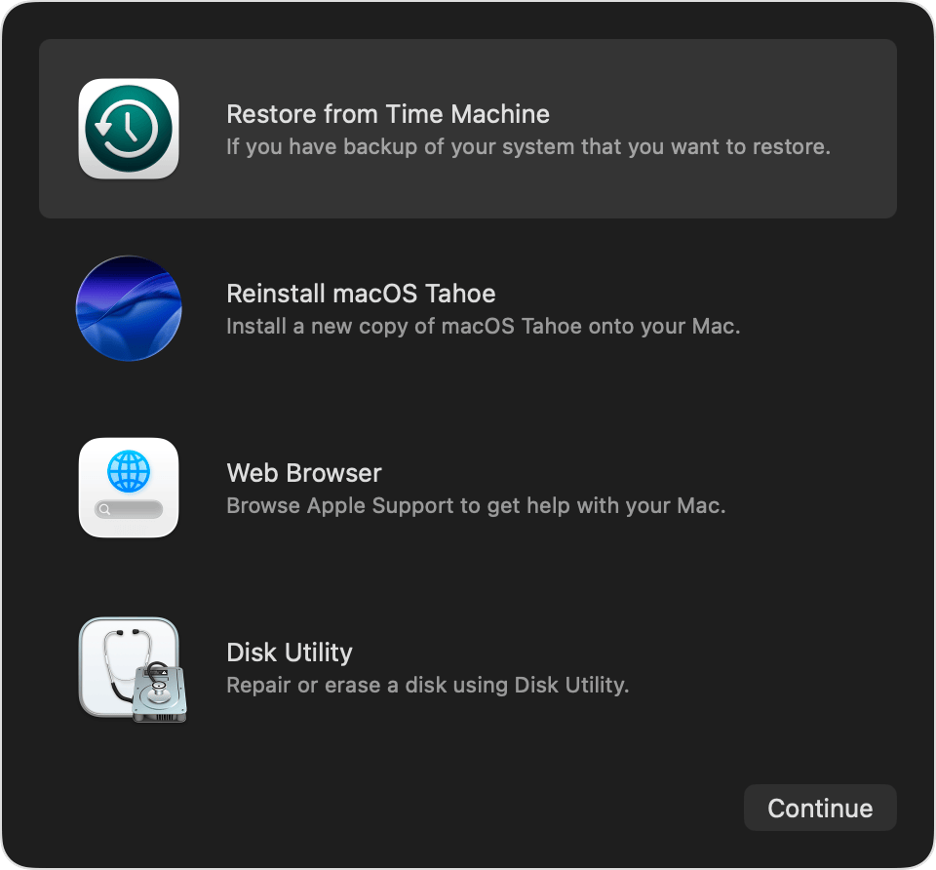 To go back to a different moment in time on your Mac, click Restore from Time Machine.