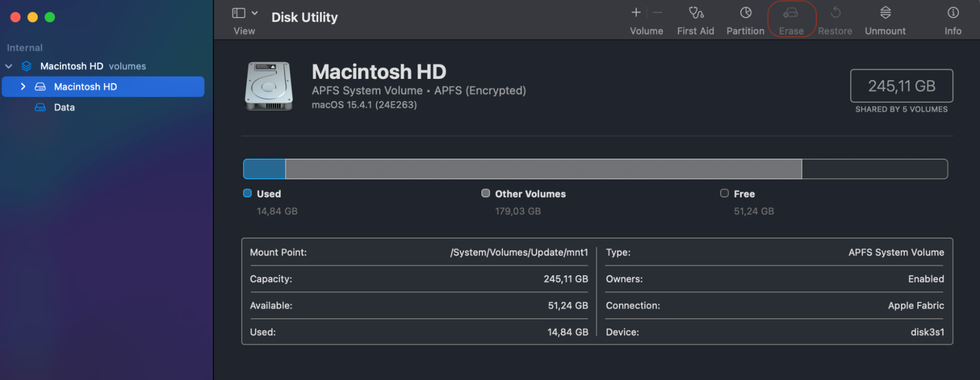 In the Disk Utility menu select the startup disk, then click Erase option in the upper right corner.