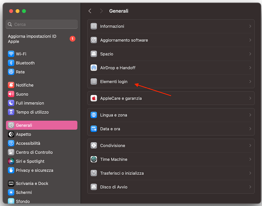 Per velocizzare l’avvio del Mac, potresti iniziare gestendo il numero di elementi di login attivi. Per farlo, apri Impostazioni di sistema e clicca su Generali > Elementi login.