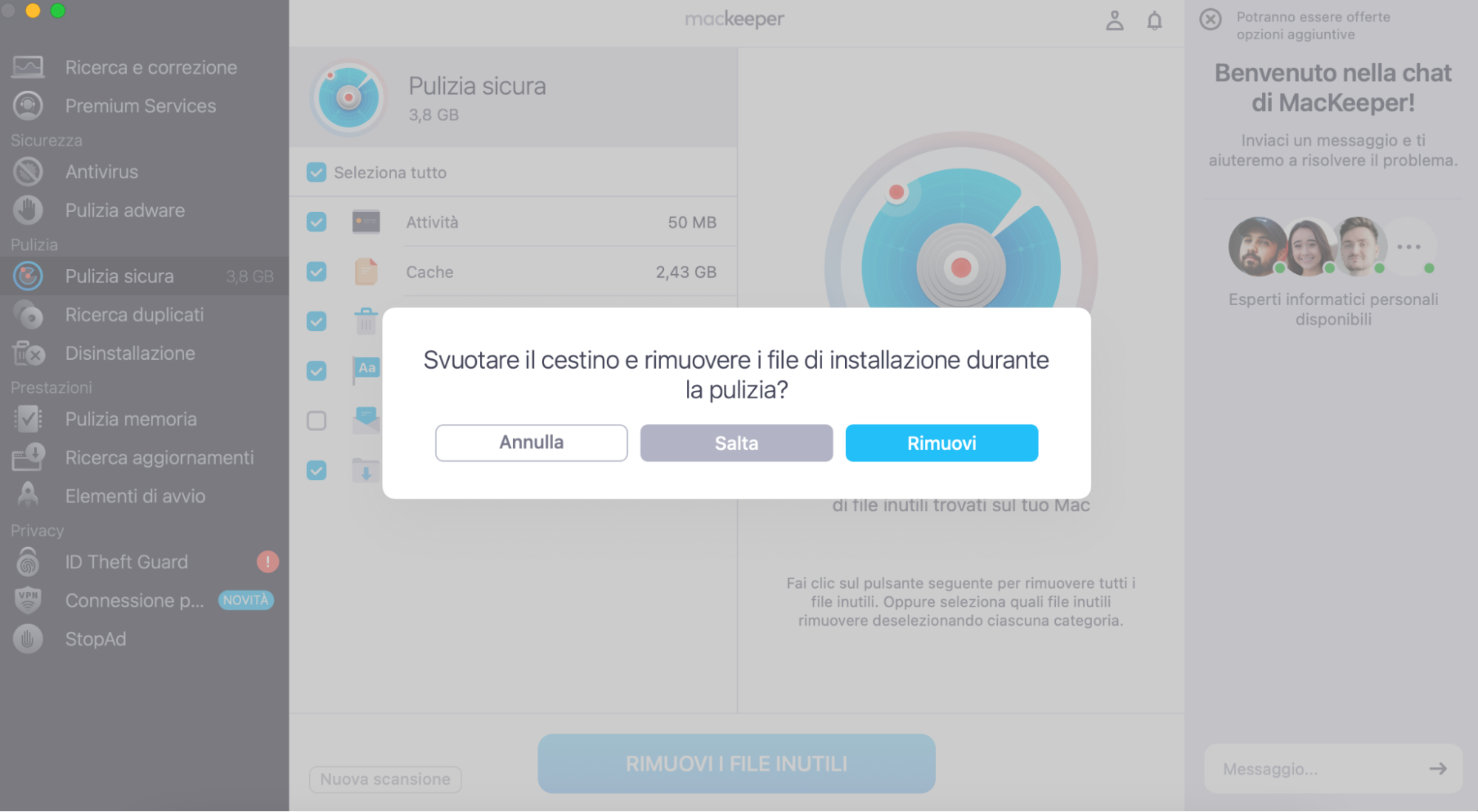 Fai clic su Rimuovi nella finestra a discesa per consentire a MacKeeper  Pulizia sicura di svuotare il cestino e rimuovere i file di installazione durante il processo di pulizia.