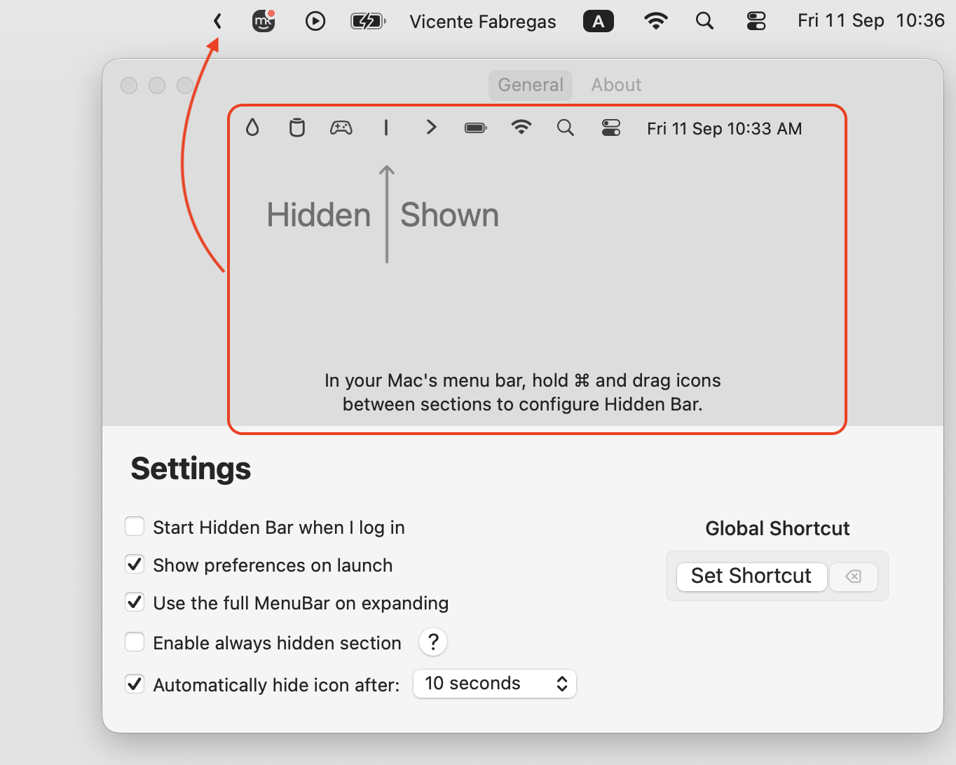 The Hidden Bar menu bar manager app on macOS showing its Settings window, used to check for a tucked-away Dropbox icon there.