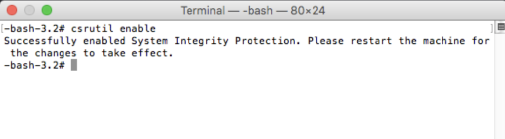 The process of re-enabling SIP on Mac is very similar to the disabling process. You’ll first need to reboot your Mac into Recovery Mode. From Utilities, click on Terminal and type in csrutil enable. Restart your computer, and SIP should be enabled.
