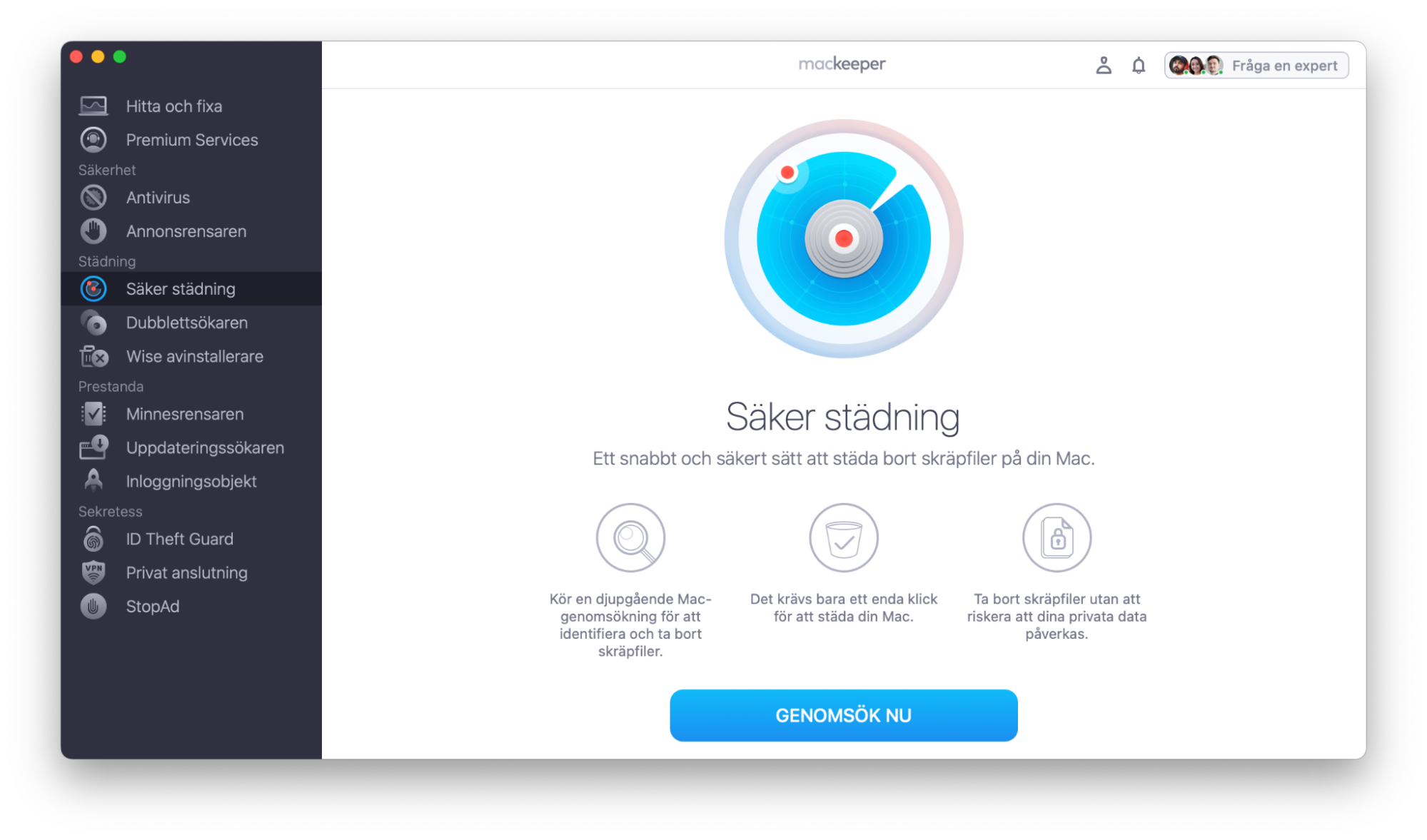 För att hålla din startskiva optimerad, rensa den från skräpfiler med Säker städning i MacKeeper. Kör MacKeeper och välj Säker städning i menyn. Klicka på Genomsök nu.