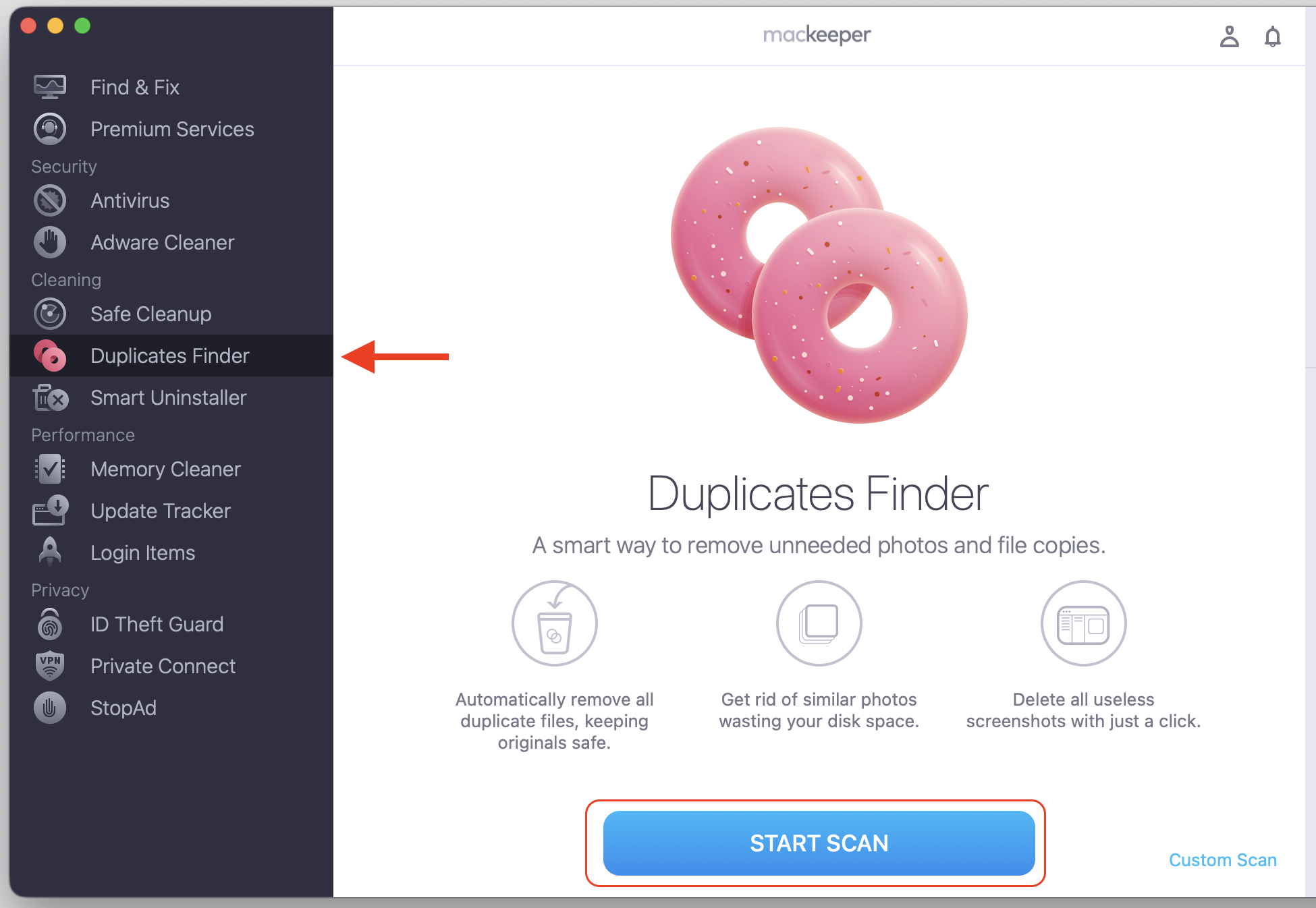 MacKeeper's Duplicates Finder open on a MacBook, showing the Start Scan button clicked to search for duplicate files and free up storage.