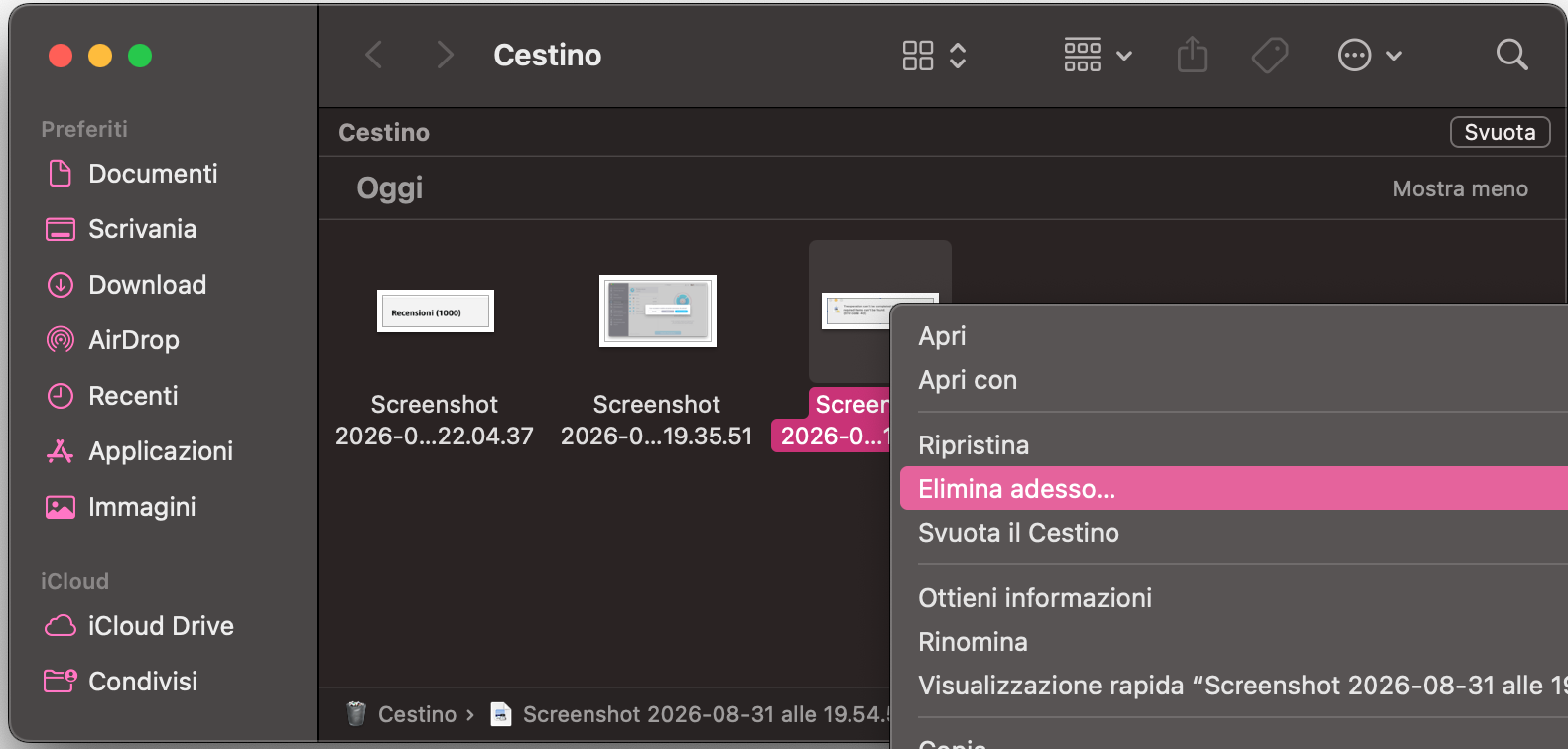 Se ancora non riesci a svuotare il cestino su Mac, vai al file che vuoi eliminare. Poi fai clic su Elimina adesso.
