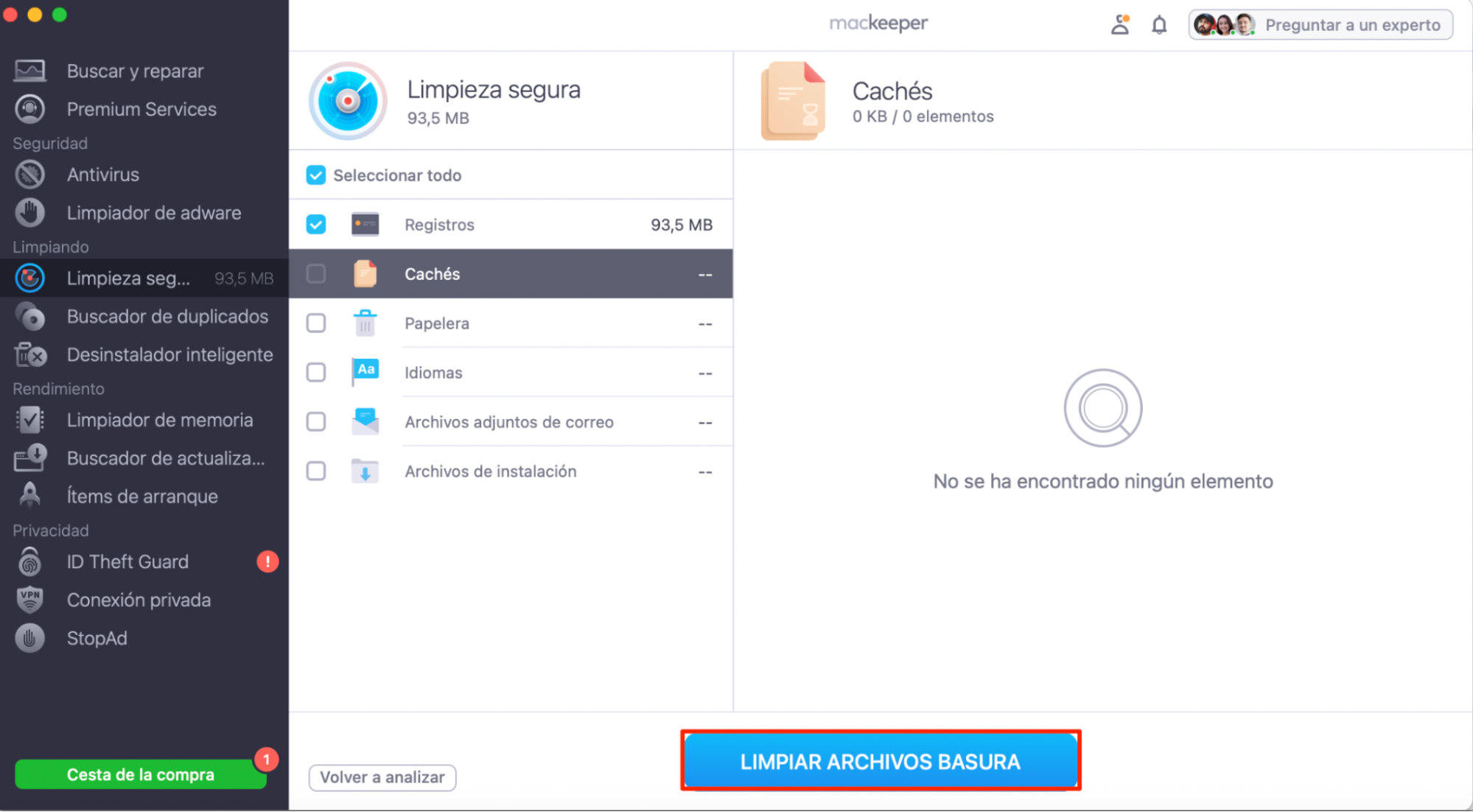 Limpieza segura de MacKeeper después de un análisis. Mail Caches está resaltado, así como el botón Limpiar archivos basura. Cómo eliminar caché mail Mac.