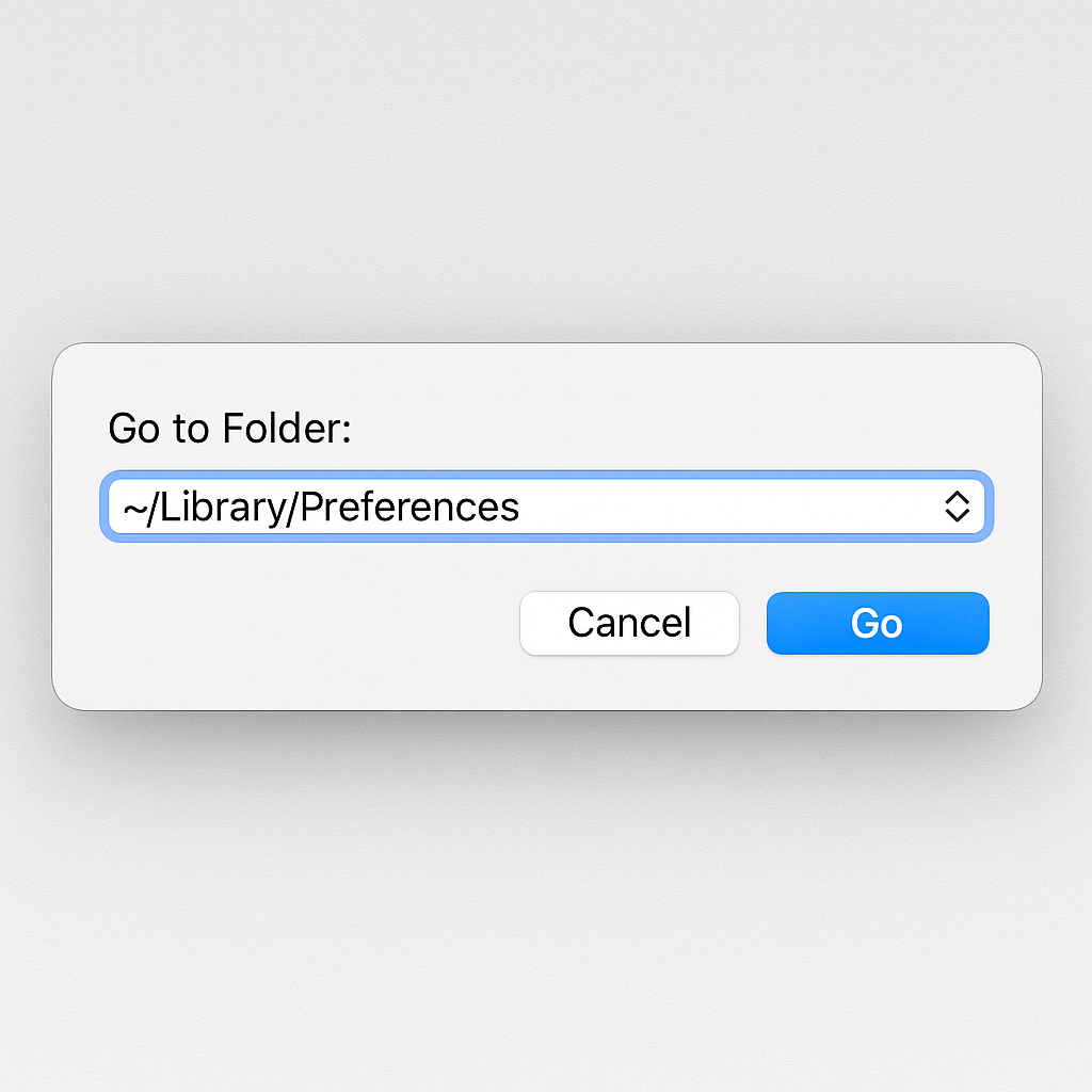 The next step in rebuilding Finder preferences process, when the Go to Folder window is opened is to type ~/Library/Preferences to the bar, and click Go button.