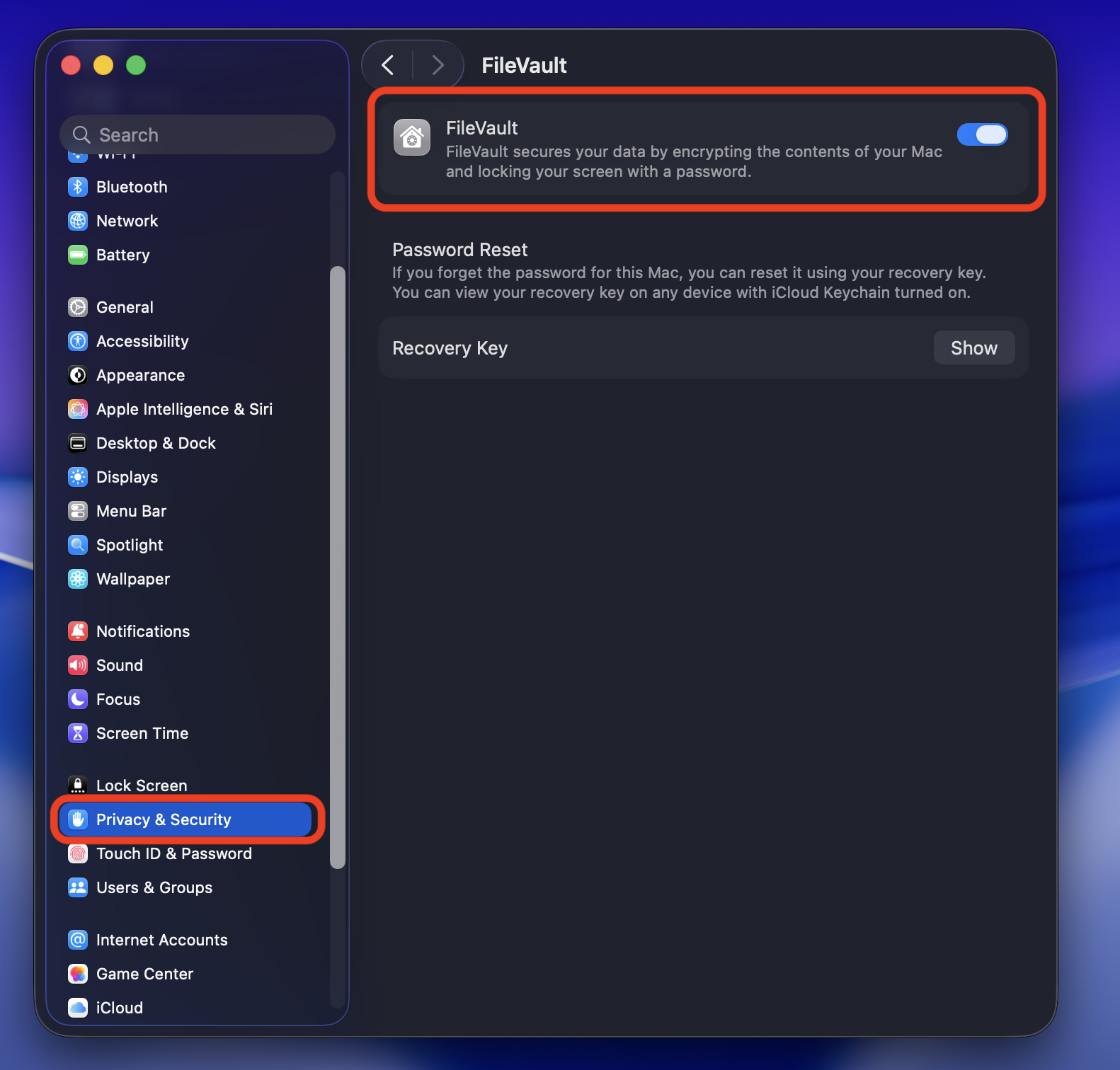 Click Privacy & Security and FileVault. Now, click Turn off and select Turn off Encryption to disable FileVault on macOS Ventura or later.