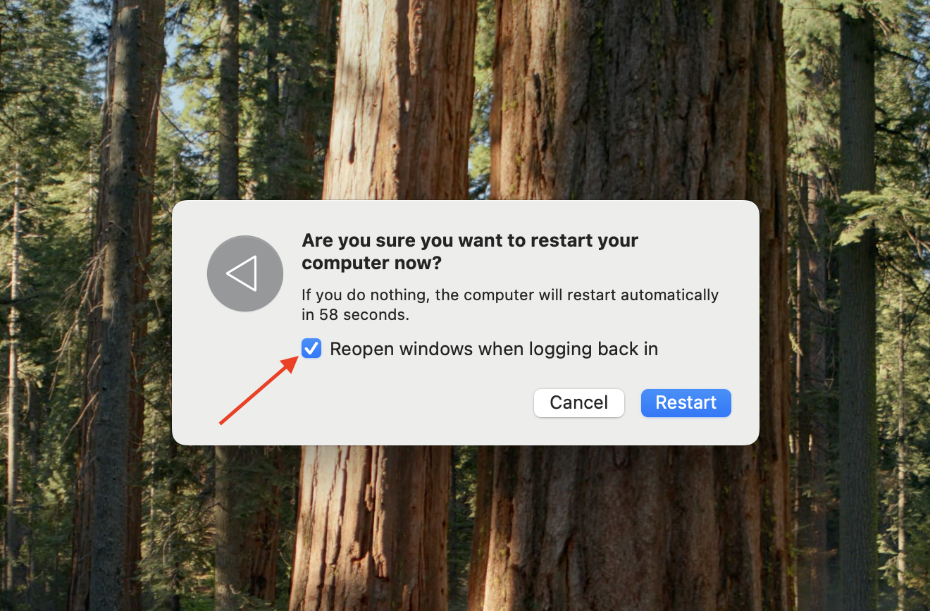 Deselect “Reopen windows when logging back in” to prevent background apps from interfering with iCloud syncing after your Mac restarts.