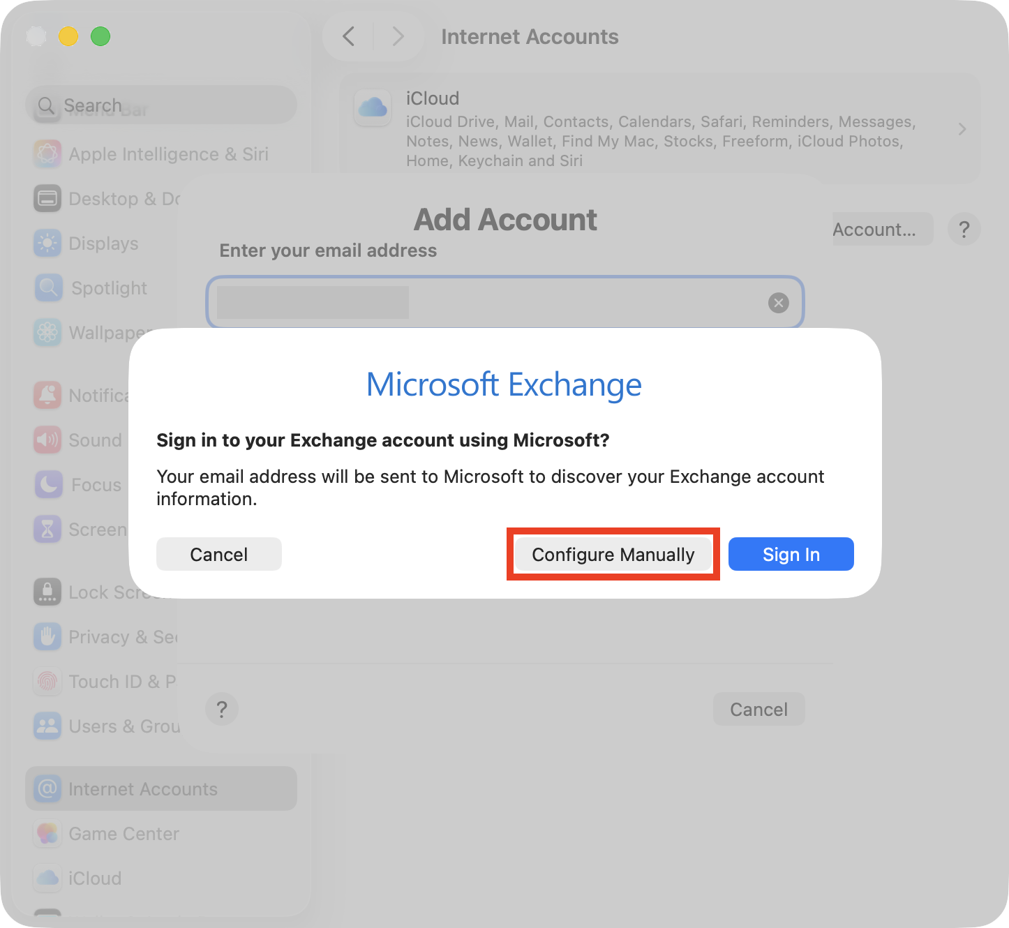 The manual configuration option for a new Internet Account on Mac. Try entering your Exchange server details manually when you're struggling to fix Exchange password required erros.