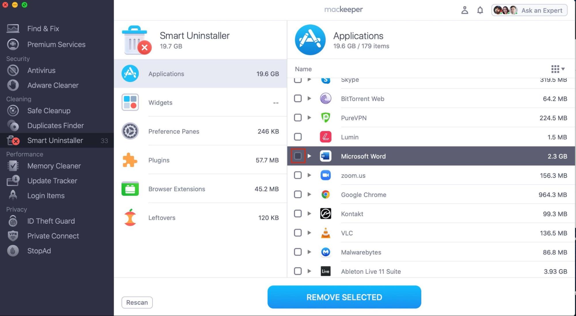 Opened Smart Uninstaller feature in MacKeeper application with the scan results where you can tick needed apps to delete Opened Smart Uninstaller feature in MacKeeper application with the scan results where you can tick needed apps to delete
