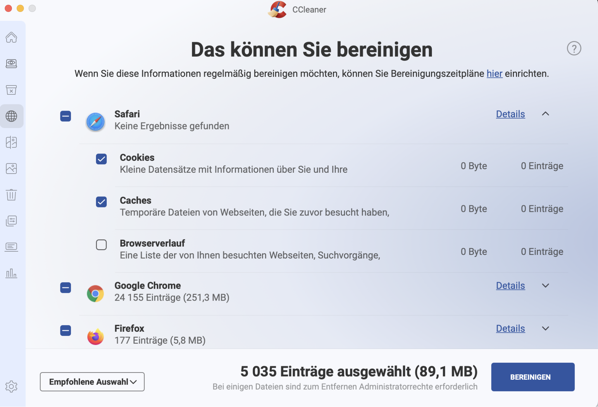 Verwenden Sie die automatische Browser-Bereinigung, um Caches, Browser-Verlauf und andere Programme zu entfernen, die Speicherplatz auf Ihrem Mac beanspruchen könnten. Aktivieren Sie diese Kontrollkästchen und wählen Sie Bereinigen aus.