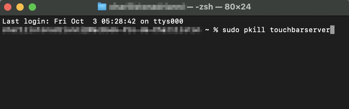 O Terminal em um Mac, com um comando exibido. Como corrigir a Touch Bar no MacBook Pro: reinicie a Touch Bar pelo Terminal.