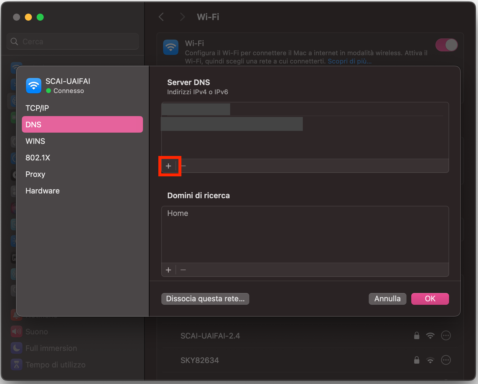 Per risolvere i problemi di Internet del Mac, vai alla scheda DNS e clicca sul pulsante + per aggiungere un nuovo indirizzo DNS più veloce.