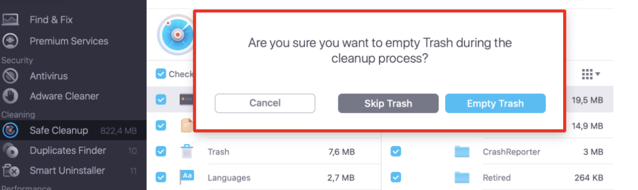 MacKeeper also lets you empty the Trash while using Safe Cleanup. You don't have to, though, so pick whichever one meets your needs better. MacKeeper also lets you empty the Trash while using Safe Cleanup. You don't have to, though, so pick whichever one meets your needs better.