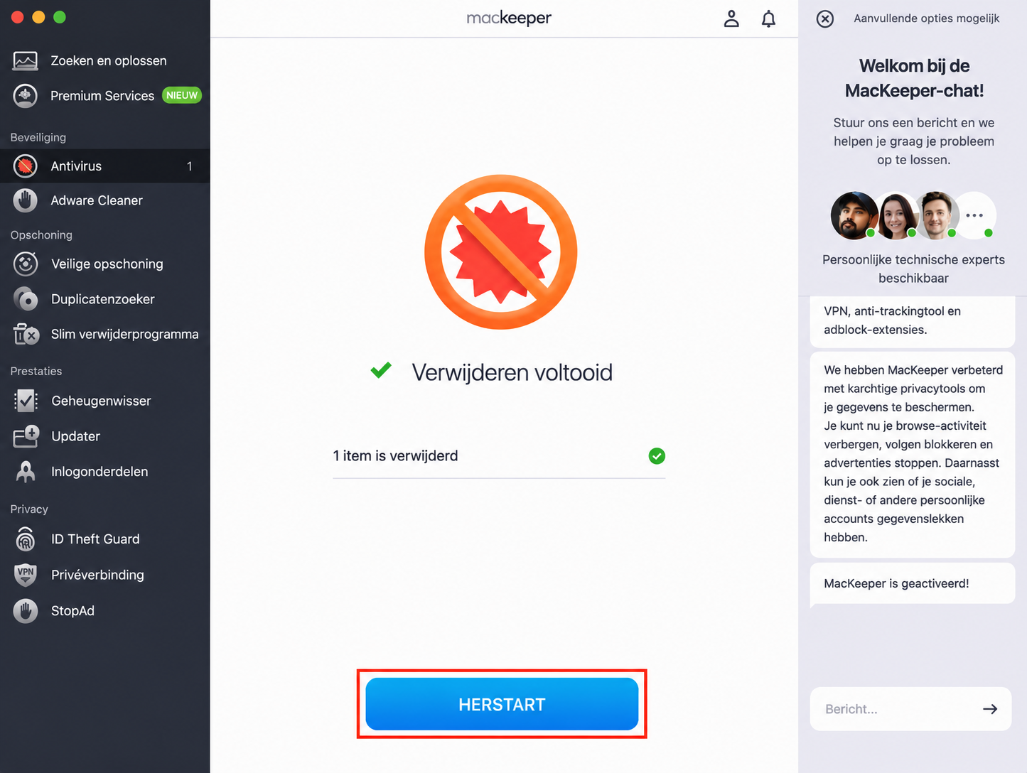 Antivirus van MacKeeper op de Mac bevestigt dat alle bedreigingen zijn verwijderd. Als je wilt weten waar de map Apps zich bevindt nadat deze door een virus is verwijderd, klik dan op Herstart en probeer de map Programma's opnieuw te vinden.