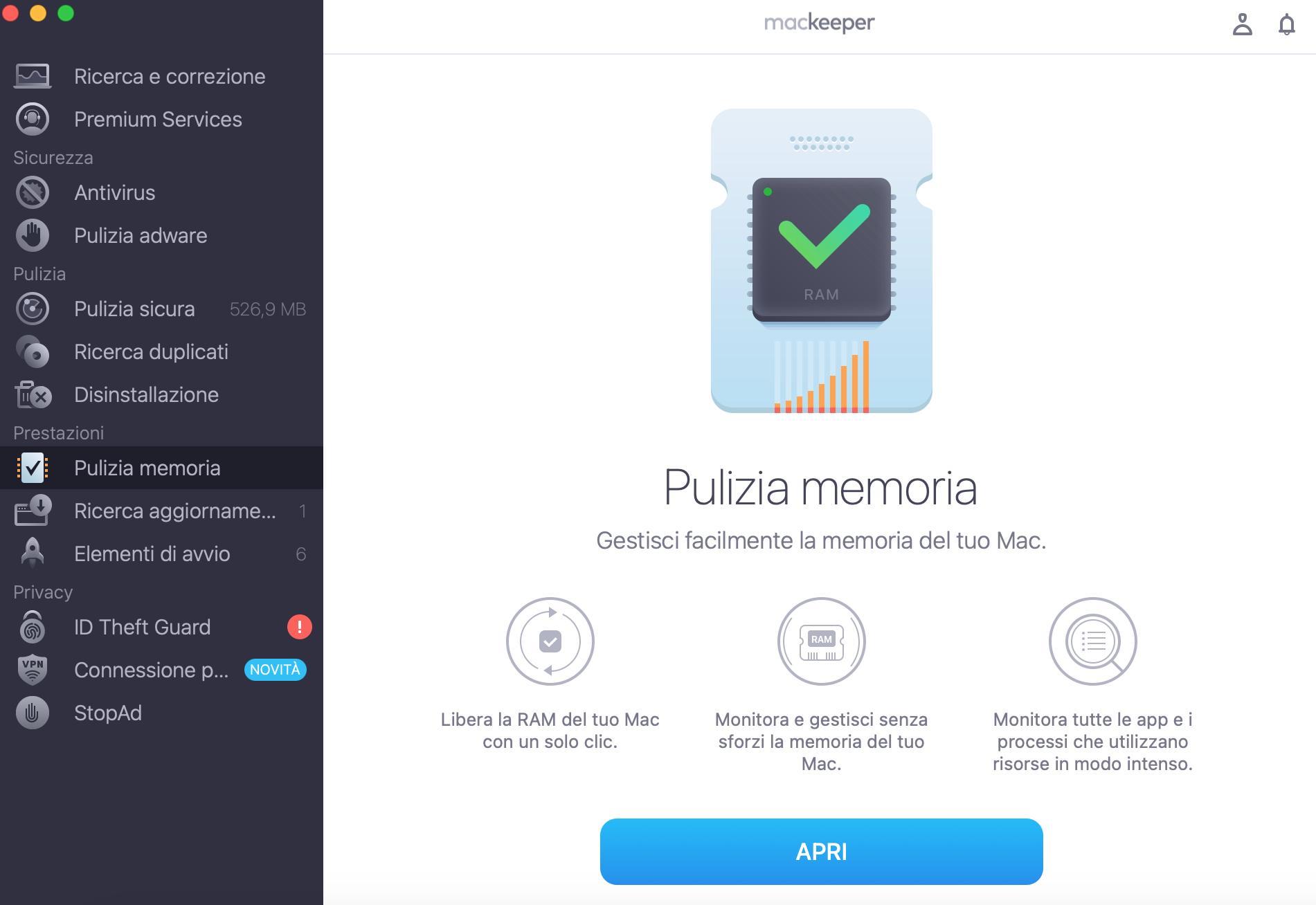 Per mantenere la temperatura normale del tuo Mac, cancella la RAM. Per farlo, usa Memory Cleaner di MacKeeper. Avvia MacKeeper, seleziona Pulizia Memoria e fai clic su Apri.
