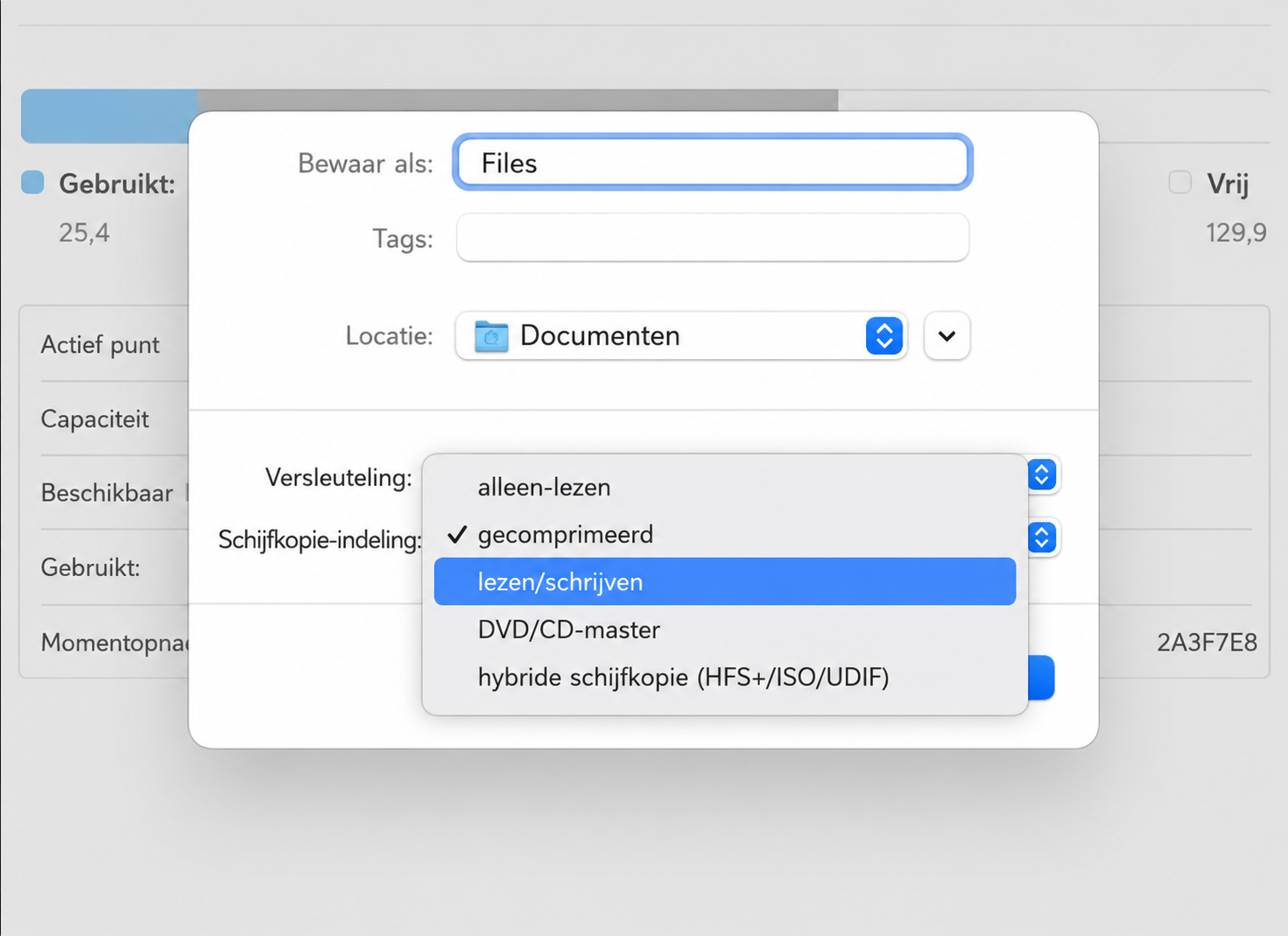 Kies nu in Schijfhulpprogramma lezen/schrijven als versleutelingstype om de geselecteerde inhoud op de Mac te beveiligen met een wachtwoord.  