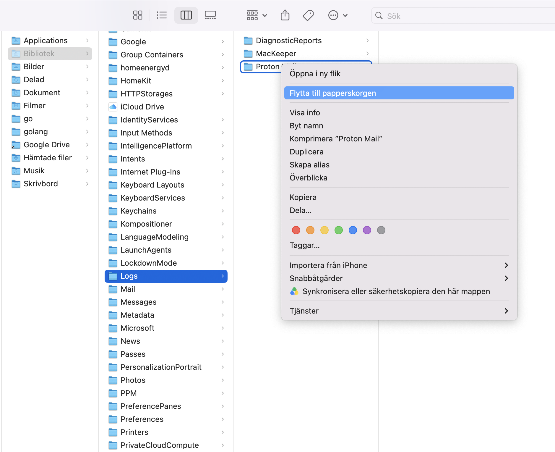 När du är i din Macs 'Logs'-mapp letar du efter mappar du säkert kan radera. Skicka dem till papperskorgen och töm den sedan efteråt.